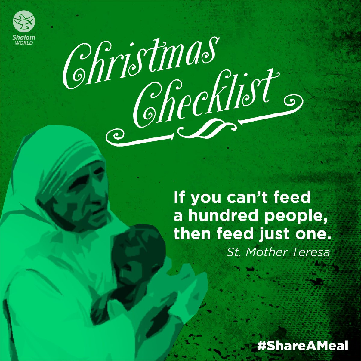 ShalomWorldTV's tweet photo. "If you can’t feed a hundred people, then feed just one." - St. Mother Teresa. Drop a ❤ in the comments if you have #SharedAMeal
#ShareAMeal #MotherTeresa #SaintMotherTeresa #Motherhood #FeedThem #poor #kind#BeKind #ChristmasChecklist #hungry #feedthehungry #ShalomWorld https://t.co/pjkq4OizGL