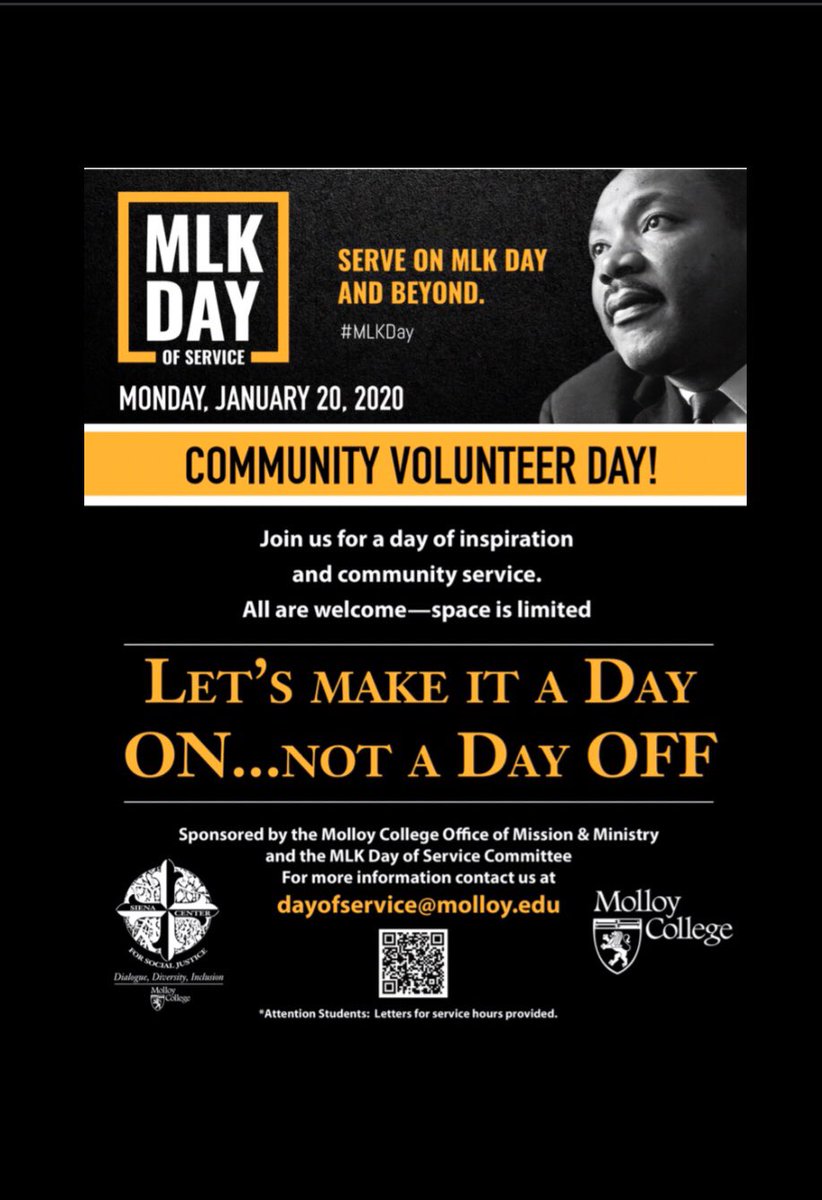 MGebbia17's tweet photo. The MLK planning committee at Molloy College would like the community to join us in our day of service 1-20-20  What are you planning to do with that day? #MLKday @MolloyCollege @molloypsychdept     https://t.co/fRv8J5PFkl https://t.co/ehuDjGMgIU