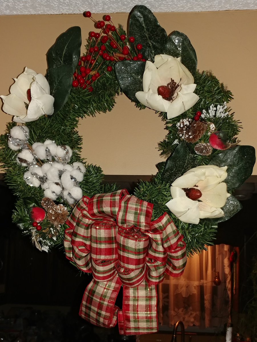 dragonflylass's tweet photo. I do actually love my wreaths & would leave them up year round if Spouse would let me. They're the 1st wreaths I made. Magnolias (of course), sparkly cotton, berries, some birds, pinecones, & a huge luscious bow.
#wreath #wreaths #handmadebyme #holidaydecor #alittlebitsouthern https://t.co/PFgFTrSXIf