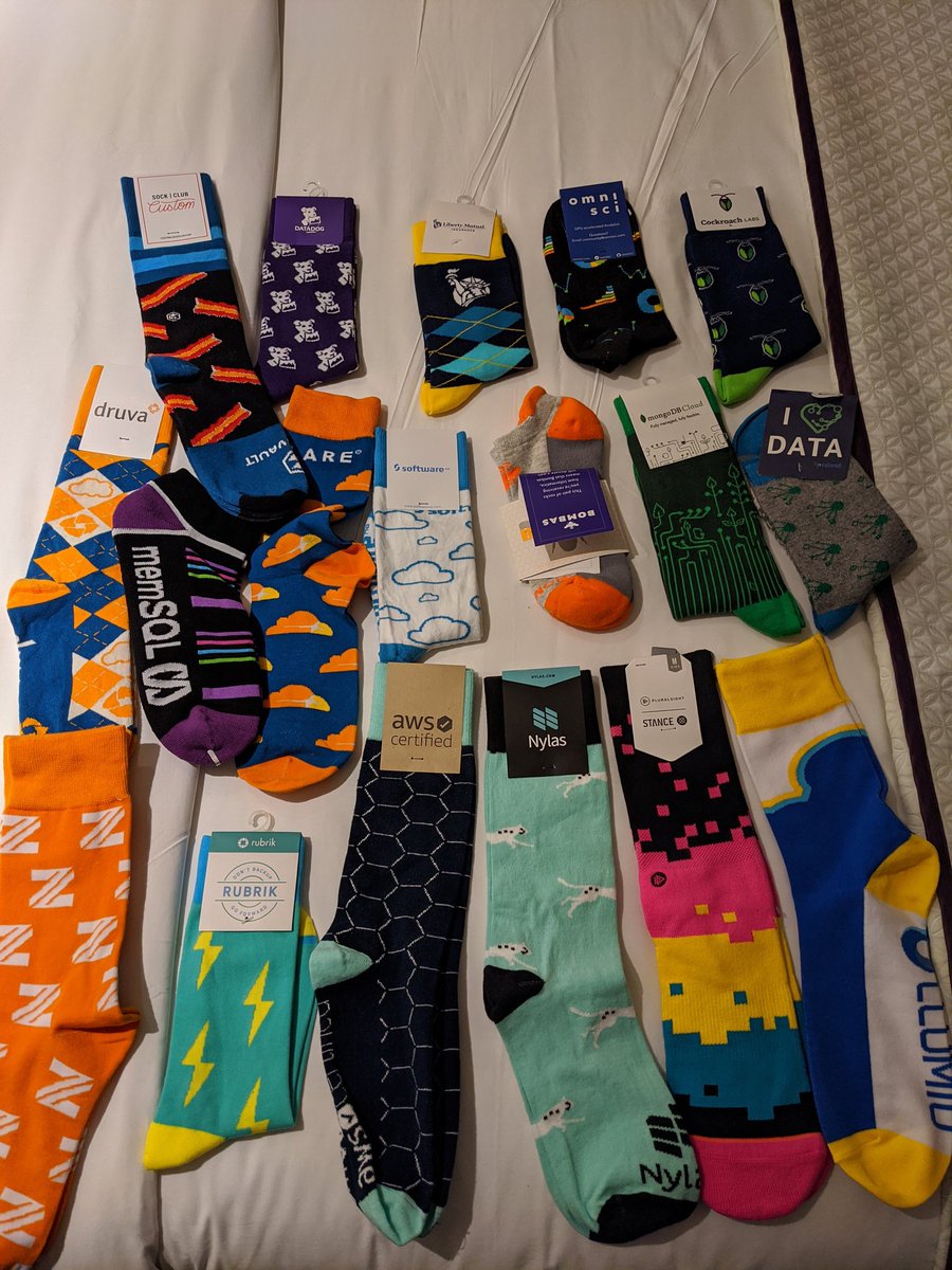 Janhrhr's tweet photo. Who needs shirts if you can have all the socks? My goal for @AWSreInvent was to collect as many socks as possible. Guess I did okay! #reInvent https://t.co/tEQeaGIgek
