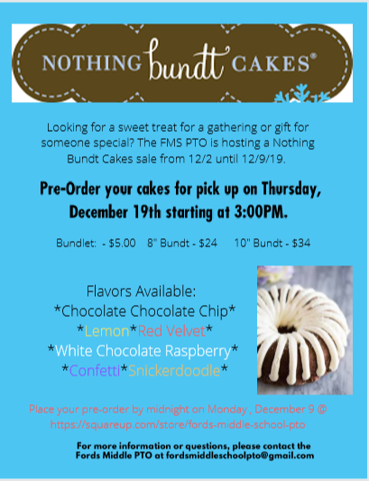 FordsMiddlePTO's tweet photo. Four days left to order these delicious bundt cakes! The make great gifts! Orders will be available for pick up beginning at 3PM on Thursday, December 19.
https://t.co/8Fp2rIuZzo https://t.co/3mo2MzNA00