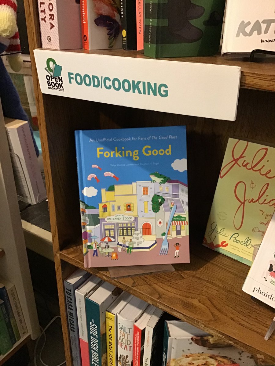 AnnieLynn215's tweet photo. Seen in the wild at Indie 📚Store ⁦@OpenBookPhilly⁩. It is hilarious w/great recipes &amp; trivia. I love it...but I forking hate to cook. I am walking around asking friends “Do you like the Good Place?” Fans will eat this up (no pun intended, but it works,so) ⁦@quirkbooks https://t.co/KpMC8c5qB4