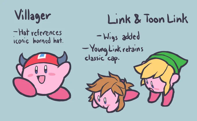 some kirby hat revisions! some of them are purely because the original designs kinda bugged me, but others like dk and inkling are just for fun 