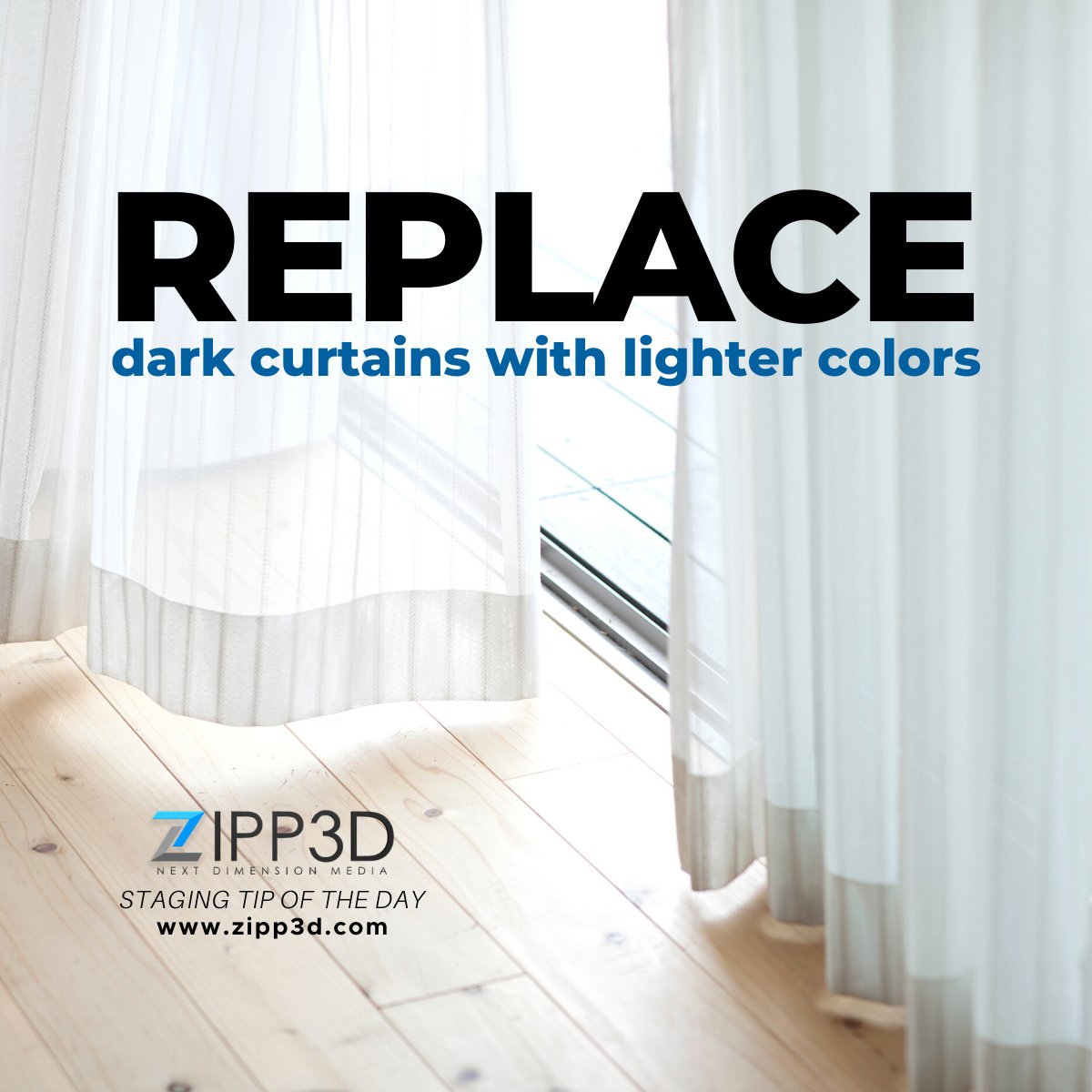 Zipp3D's tweet photo. Light-colored curtains make rooms much brighter and airy, which most buyers desire. Replacing those dark curtains will gain you more potential buyers. ππ
πRead more tips here: https://t.co/4zlPdEsMWs
#proptech #zipp3d #homestaging #homestylingmadeeasy #homestagingtips #homes https://t.co/1HfTpKJpiY