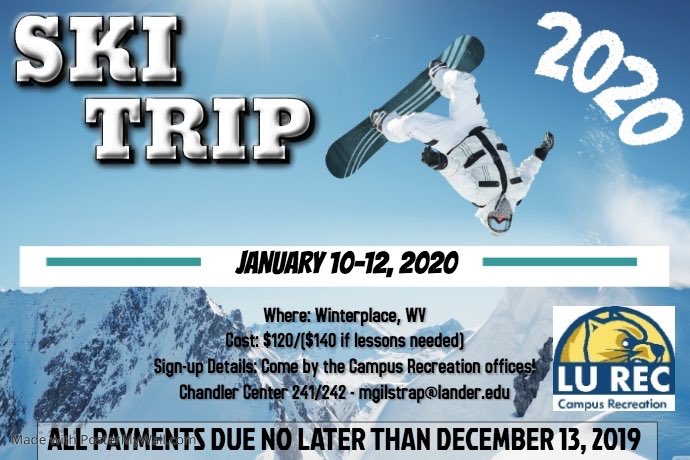 LanderCampusRec's tweet photo. Sign up before you leave for break!

When: January 10-12, 2020
Where: Winterplace Ski Resort, Ghent, WV
Cost: $120, ($140 with lessons)
Includes: Transportation, lift ticket and ski/snowboard rental all day Saturday, two nights lodging at a house on the slopes, &amp; food options! https://t.co/V4l3KaJq1d