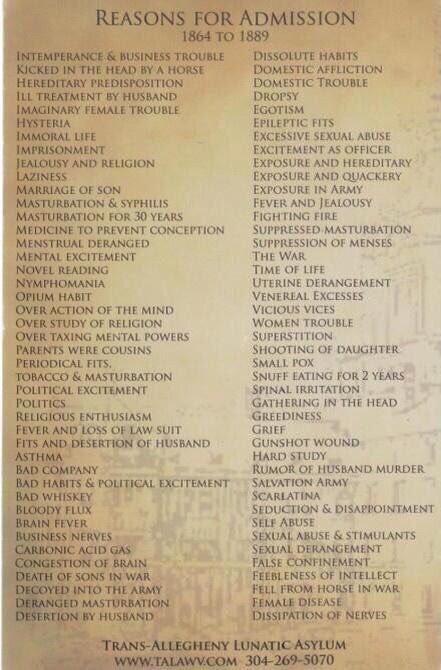 MeredithFrost's tweet photo. Here's a list of reasons for admission into the Trans-Allegheny Lunatic Asylum from 1864-1889. We'd all be put away. https://t.co/Q7tCiCNZRY