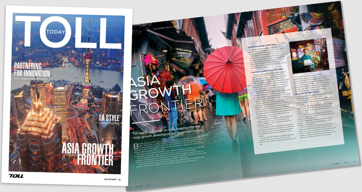In the December edition of Toll Today we look at how Toll is supporting our customers tap into new markets, new opportunities right across the Asia Pacific and we showcase our Future Logistics Conference 2019…plus so much more.

issuu.com/tollgroup/docs…