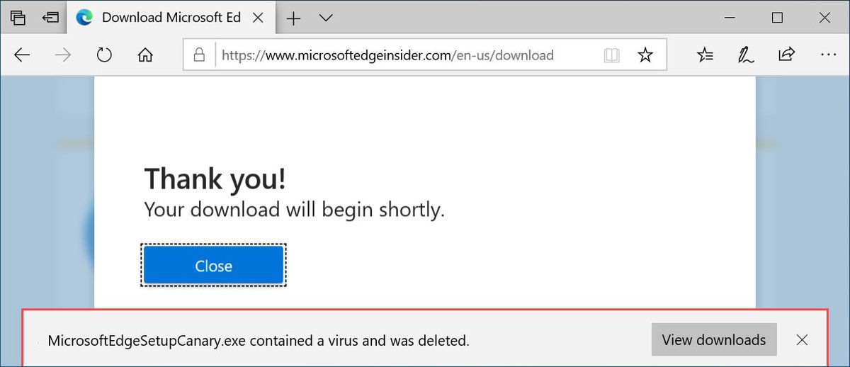 Edge browser window showing downloading Edge Canary is a virus.