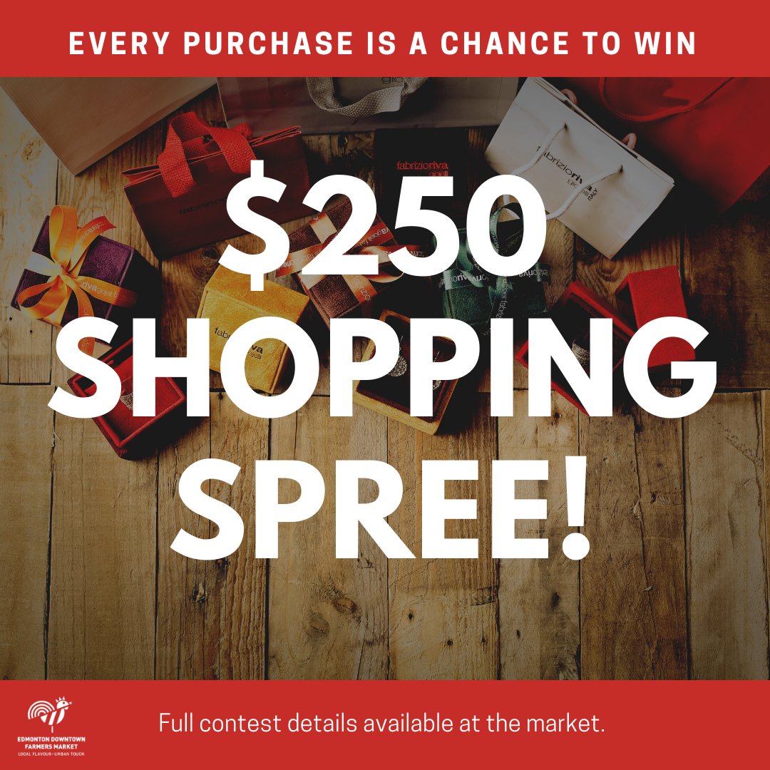 YegdtMarket's tweet photo. Our biggest giveaway, yet! Win a $250 shopping spree from the Edmonton Downtown Farmers Market; every purchase at the market is a chance to win. Visit us Saturdays 9-3 and Sundays 11-3 to enter all month, until January 12. Full contest details in store. #yegdtmarket https://t.co/HtqHUdgLx9