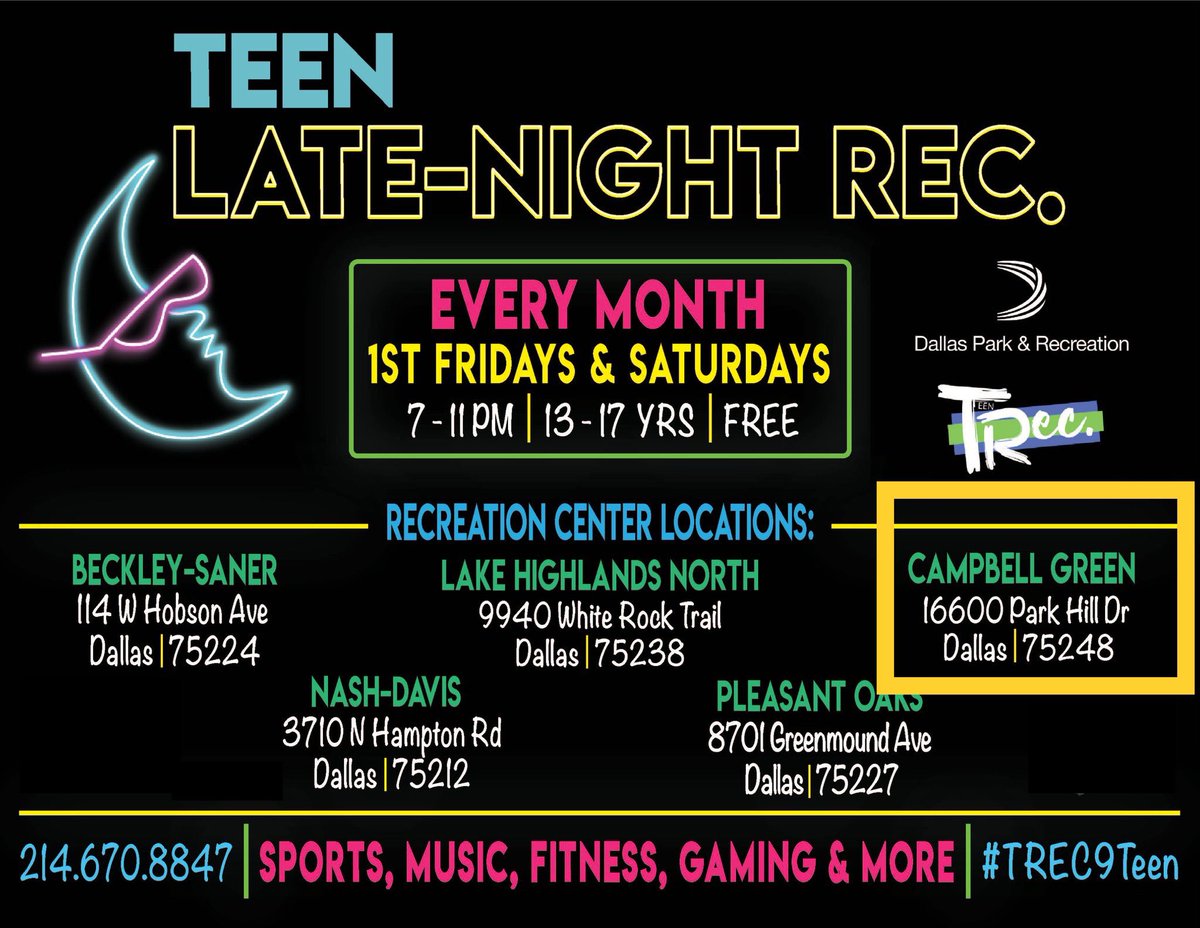 City of Dallas is having a FREE Teen Night and we are using it to play some ultimate under the lights. School with the most players in attendance gets 5 brand new disc for their club. Sign up or just show up. forms.gle/YvxWa27tgWKKR8…

Dec. 6th, 7-9pm at Campbell Green Rec Center!!