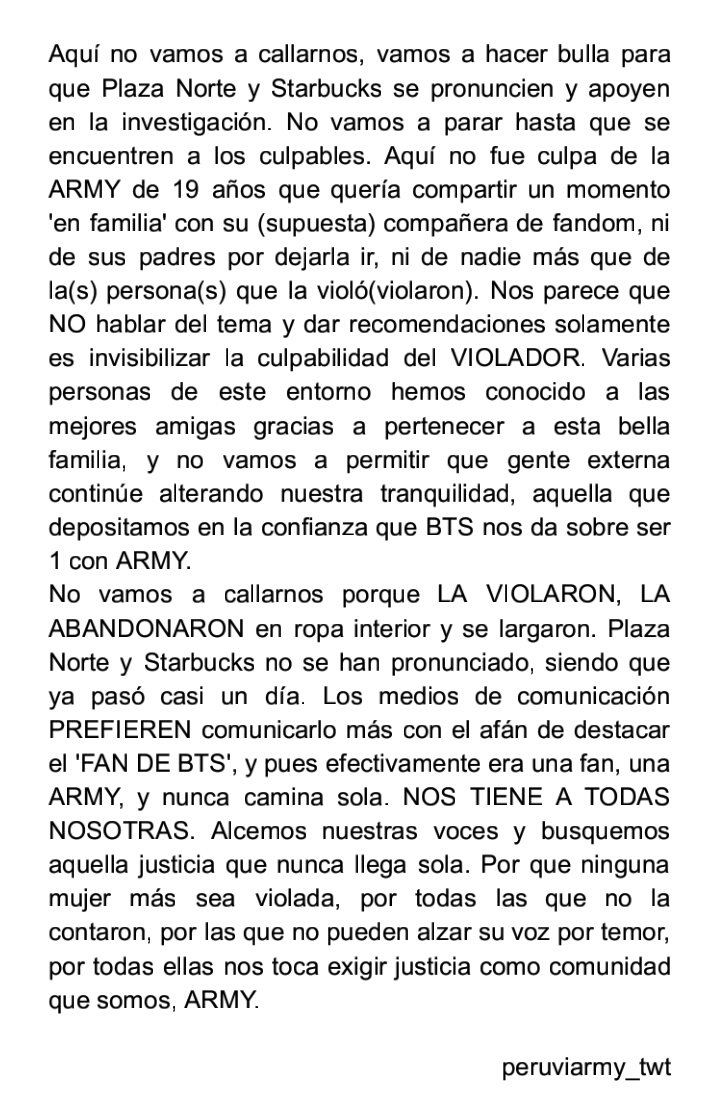gogoarmys_'s tweet photo. Vamos falar de um tópico que é sensível, mas precisa ser noticiado: UMA ARMY PERUANA DE 19 anos foi drogada, estuprada e abandonadq em roupas íntimas por uma suposta "ARMY" e seu companheiro (20 anos).

As fb peruanas estão pedindo que a notícia seja divulgada e compartilhada ! https://t.co/F2ePWmY5wf