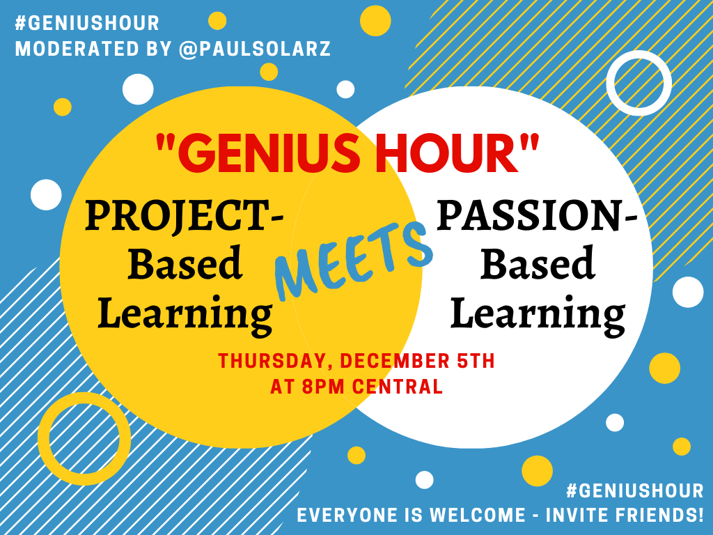 PaulSolarz's tweet photo. Please join me in 2 MINUTES for this month's #GeniusHour chat!

I'm sharing a ton of resources that I use &amp; hoping to get a ton more from everyone else! :)

#edchat #edtech #k12 #tlap #LearnLAP #education https://t.co/cVvQqeHZQl