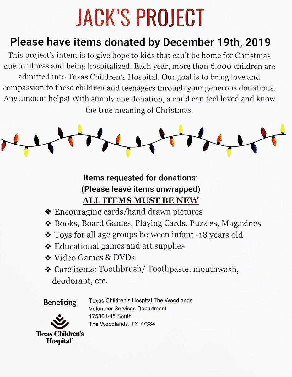 EllisMoonOrtho's tweet photo. Excited to support Riley and #JacksProject in honor of Jack's fight against #leukemia #ALL. Join us in collecting gifts for these #bravekids at #TCH for the holidays. The box is available in our #Pearland office. ☺️☺️☺️
#justkeepsmiling #shareyoursmile #smileallday #smileeveryday https://t.co/68yf0uxsEm