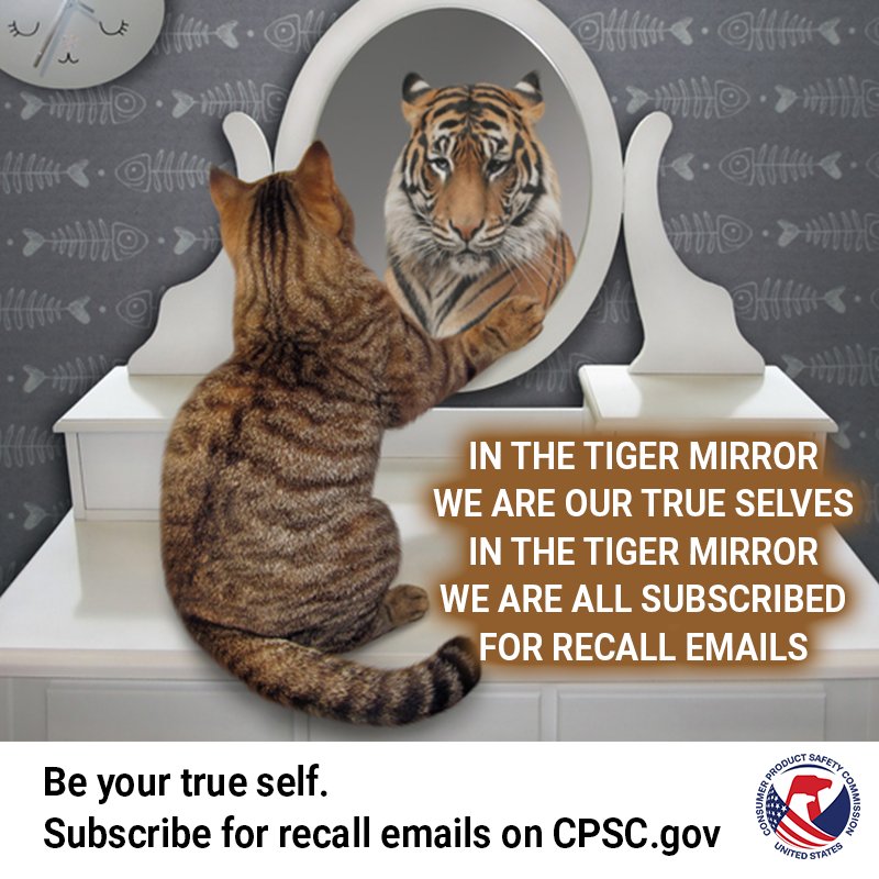 A cat looking into the Tiger Mirror and seeing a tiger. The text reads: subscribe for recall emails on CPSC.gov