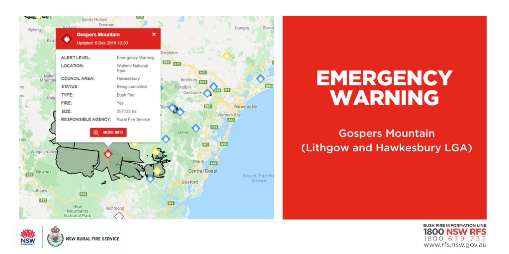 EMERGENCY WARNING - Gospers Mountain (Lithgow and Hawkesbury LGA)

If you are in the area of Boree and Wallabadah, the fire is expected to reach this area this afternoon. It is too late to leave. Seek shelter as the fire impacts.
#nswrfs #nswfires