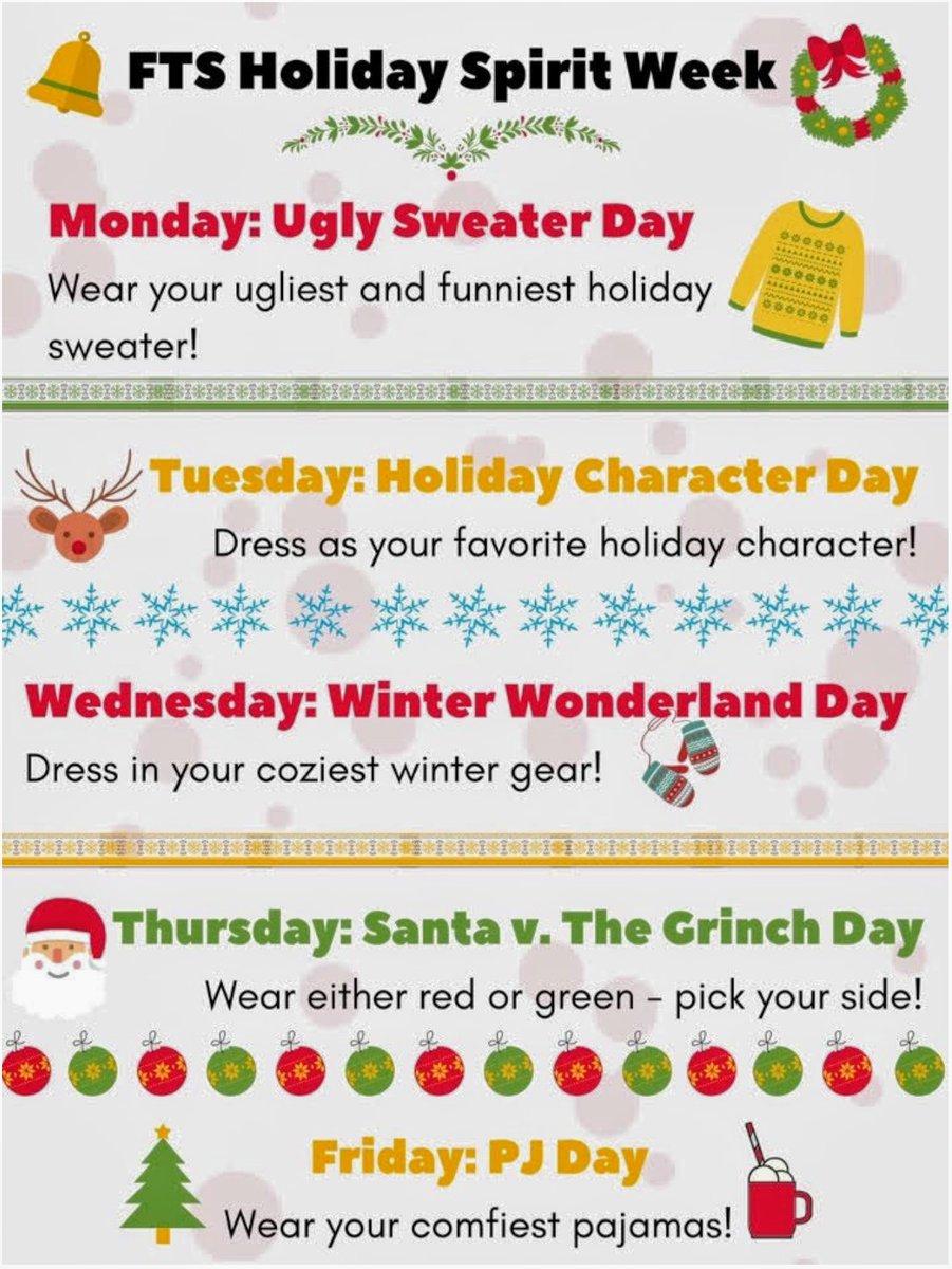 tomhatch4unc's tweet photo. Next week (12/9 - 12/13) to get everyone in the holiday spirit, the SGA will be sponsoring a Holiday Spirit Week. There will a special prize for most spirited faculty/staff and student of the week. @FTSAnnouncement @FTSSGA @FTSNewsNetwork https://t.co/BJ7nqxaUea