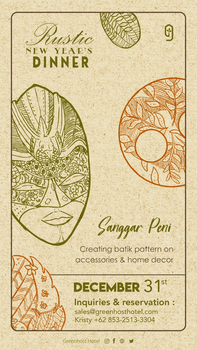 Ever wonder how to make a batik pattern on accessories or home decor? Why not give it a try! Let our creativity shines and learn how to do it with Sanggar Peni at our New Year's Eve event!