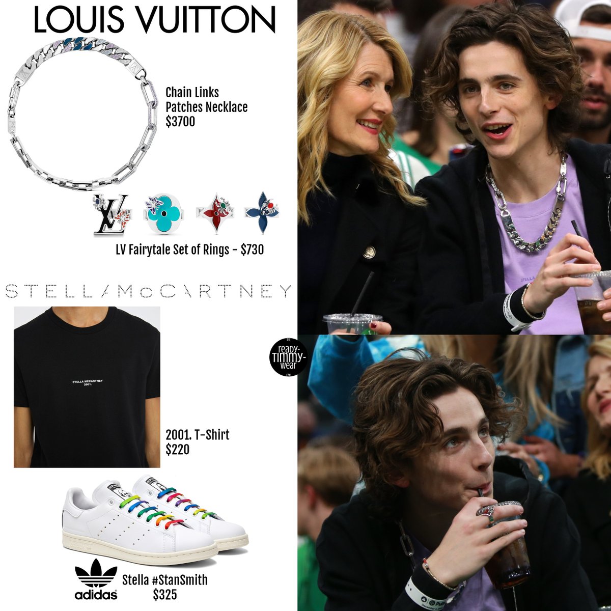 RTW on X: Timothée Chalamet - Boston Celtics vs the Miami Heat at TD  Garden Boston, December 4 2019 LOUIS VUITTON Chain Links Patches Necklace  $3700 LV Fairytale Set of Rings $730