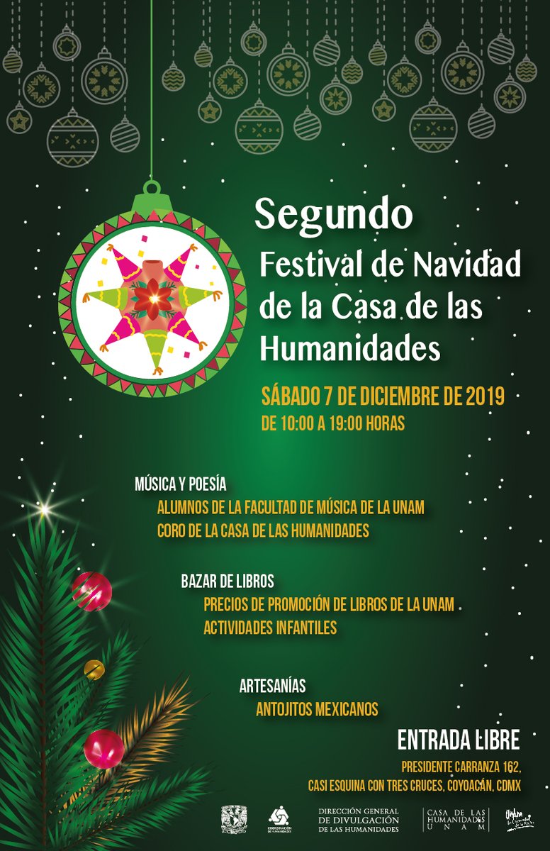 IIJUNAM's tweet photo. 🎄Ven a darle la bienvenida a las fiestas decembrinas en compañía de la comunidad @UNAM_MX
🎼 Música del coro de la @casahumanidades
📖 Libros a 💲 promocionales
🌮 Antojitos mexicanos
7 de dic. de 10:00 a 19:00 hrs.
#UNAM #CasaDeLasHumanidades #CasHum #FestivalDeNavidad https://t.co/gUehE0NjAQ