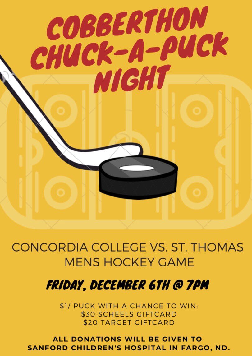 ConcordiaDM's tweet photo. Come on out to the sports center tomrorow night @ 7:00 and get rowdy for Cobber men’s hockey, you’ll have a chance to win some gift cards during chuck-a-puck and you’ll be helping out a great cause! 
#ForTheKids https://t.co/CY9i0olVt9