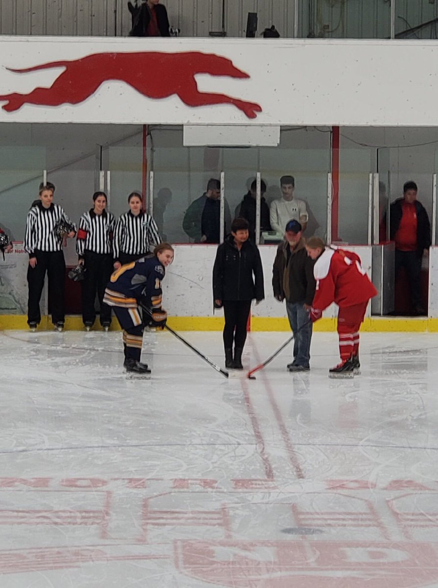 It’s time for game #2 at the <a href="/MSchwartzTourny/">Mandi Schwartz Memorial Tournament</a>  vs our hosts @NotreDameHounds    Ceremonial puck drop with our amazing Captain Jaden Cherry.