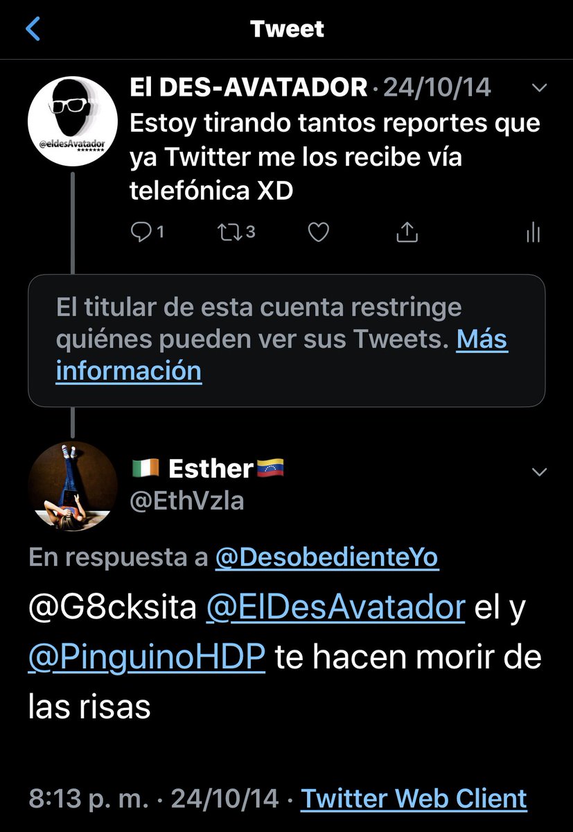 ElDesAvatador's tweet photo. @ElPollero11K @EthVzla Por esa época mi buena amiga Esther me enseñaba como volver polvo una cuenta hasta suspenderla. Parte importante del #opbas
Dios te bendiga siempre sis... 😌 https://t.co/1EtB875B8L