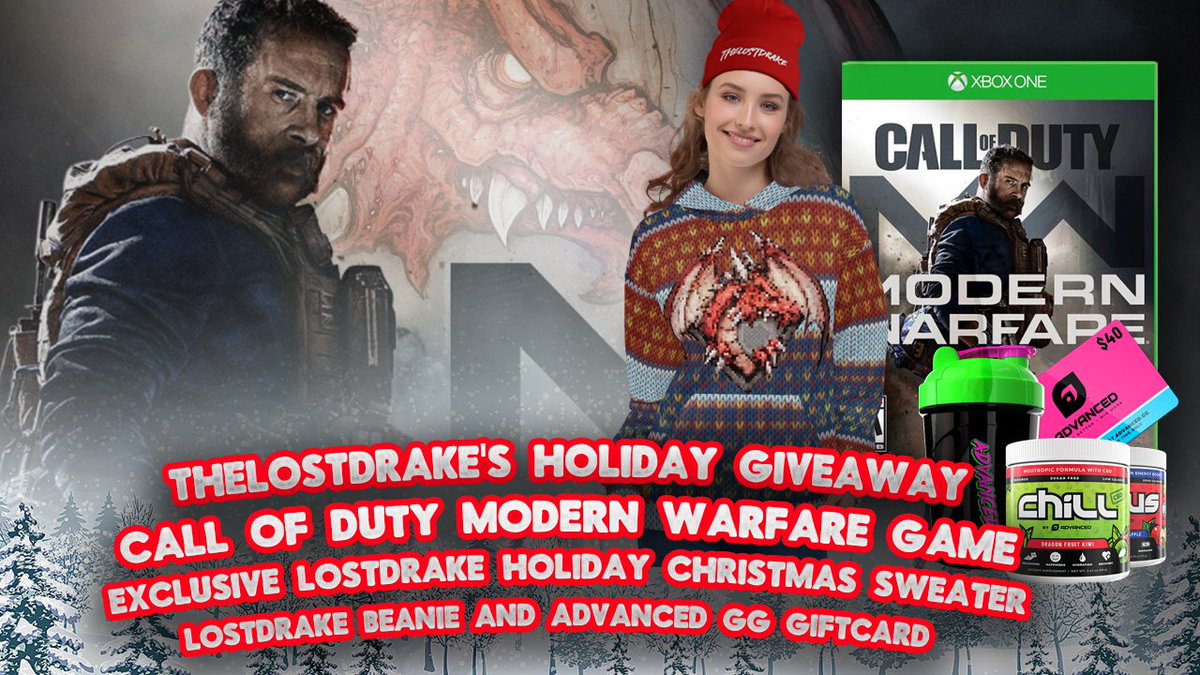 TheLostDrake's tweet photo. ❄️ HOLIDAY DRAKEMAS GIVEAWAY ❄️

One HUGE prize bundle this Christmas, including a @CallofDuty #ModernWarfare &amp; These Exclusive @TheLostDrake Merch Items &amp; @Advanced_GG!

ENTER NOW AT: https://t.co/pfmr5pDXHz

For a chance to win...
🎄Follow
⛄️Retweet
🎁Tag a friend https://t.co/hDjyTNKMNn