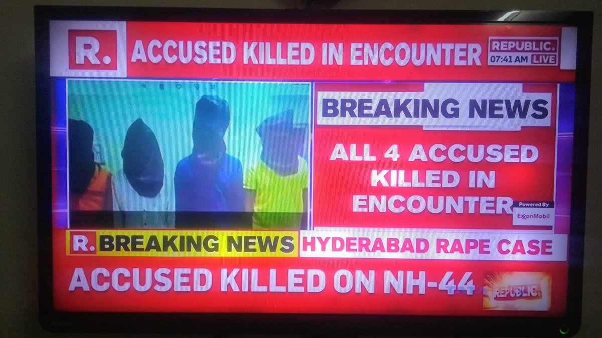 LathaBNB's tweet photo. This morning I wake up to the news and JUSTICE HAS BEEN SERVED!! #Encounter
The four accused in the #Hyderabad veterinarian rape and murder case were killed in an #encounter 
Salute to Telangana police🙏🏼 https://t.co/2TMCTO12W9
