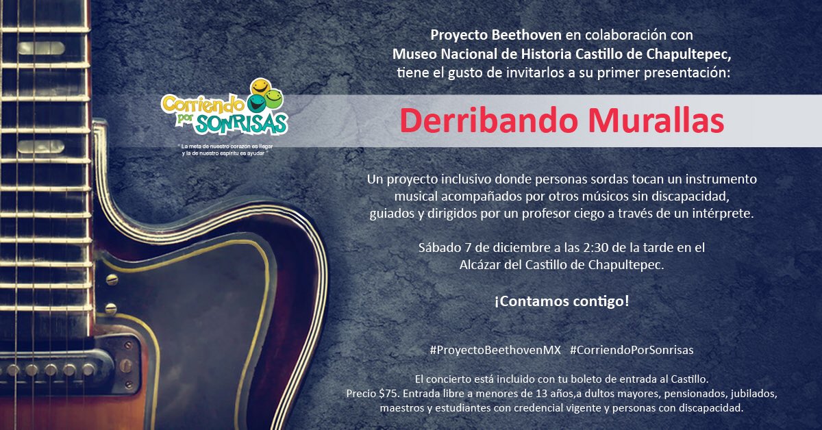 CorrexSonrisas's tweet photo. Proyecto Beethoven en colaboración con Museo Nacional de Historia, Castillo de Chapultepec tiene el gusto de invitarlos a su primer presentación muestra titulado "Derribando Murallas". 

Da RT

#ProyectoBeethovenMX #CorriendoPorSonrisas￼￼ https://t.co/nLY54jnVcy