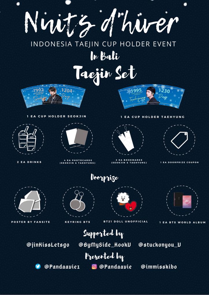 KEvent_INA's tweet photo. [BALI]
Hai Army,
Fans Jin &amp; V, 
Yuk datang ke acara Cup Holder Event mereka!

❄️Nuits d'hiver❄️
Diselenggarakan oleh @Pandaavie1

📅 Sabtu, 21 Desember 2019
🏢 Bobo Tea
🕛 12.00 - 16.00
🎟 35k - 60k https://t.co/dvmnbUKeaP