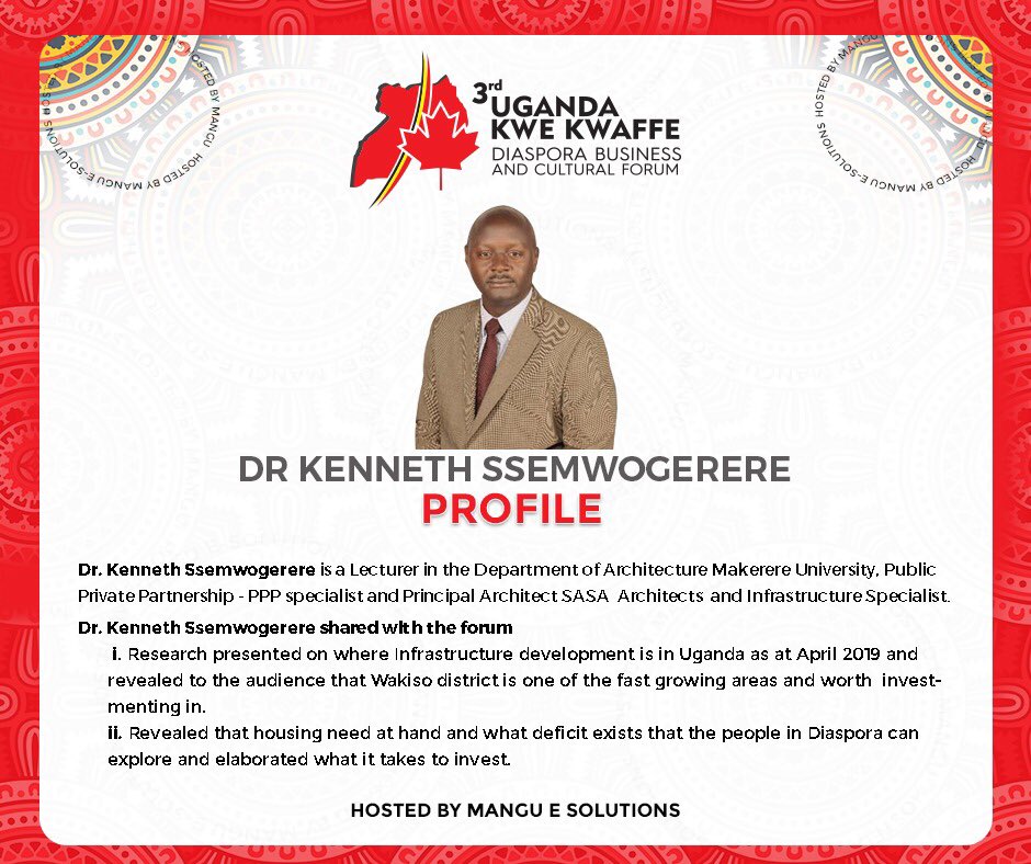 kwekwaffe's tweet photo. Our third keynote speaker from the recent Kwekwaffe Forum.

DR. KENNETH SSEMWOGERERE
LECTURER, DEPT. OF ARCHITECTURE, MAKERERE UNIVERSITY, PUBLIC PRIVATE PARTNERSHIP - PPP SPECIALIST.

#TheOfficalUgandaKwekwaffe #UgandaKwekwaffe2020
#TourismAndCultureInUganda.
#Uganda #Canada https://t.co/mCSRe0PVev