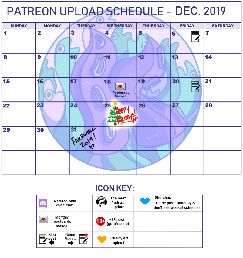 KnKGameStudio's tweet photo. Our #Patreon upload schedule for December is here! 🎄❄️

We hope everyone enjoys the holidays as 2019 comes to a close! ❤️

Visit our Patreon page (https://t.co/KYeOKK5OsW) for exclusive updates! 

#gamedev #otome #visualnovel https://t.co/72hDvepgli