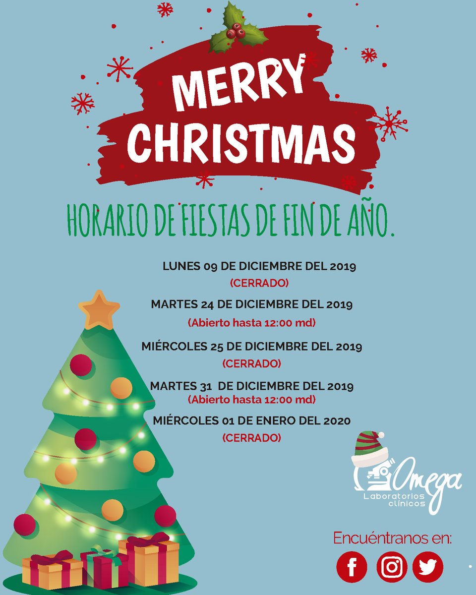LaboOmega's tweet photo. Conoce nuestro horario este mes de Diciembre 2019.🎼🎶🎅🍃🎄
Tómalo en cuenta si necesitas realizarte algunos exámenes.
¡Te esperamos!
#laboratorioomega#laboratorioomega #susaludprimero#susaludprimero https://t.co/zLhatnuPFO