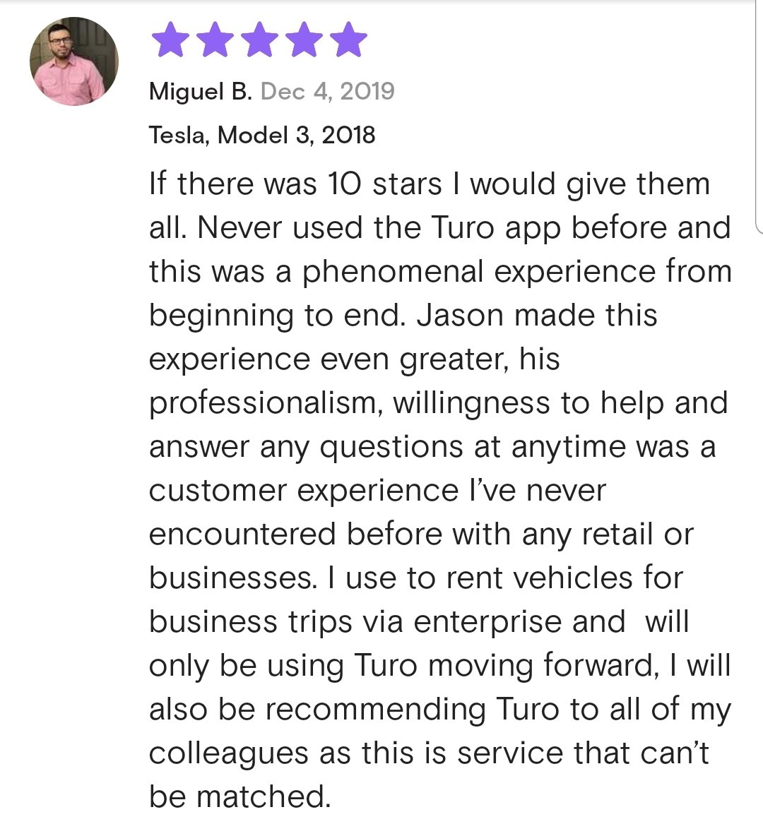 rent_tesla's tweet photo. @turo I just love getting these types of reviews from my guests! Thanks for making the Turo platform possible! https://t.co/szETAV0oAu