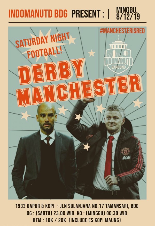 Halooo baroedak emyu epsi
Lama absen nobar..sabtu besok nobarin di <a href="/indomanutd/">Indonesian Manchester United</a> Bandung yu 
DERBYMANCHESTER
MUFC V MCFC
🏠1933 Dapur Kopi Jl.Sulanjana No.17
⏱OPENGATE 23.30
Kick off 00.30 wib