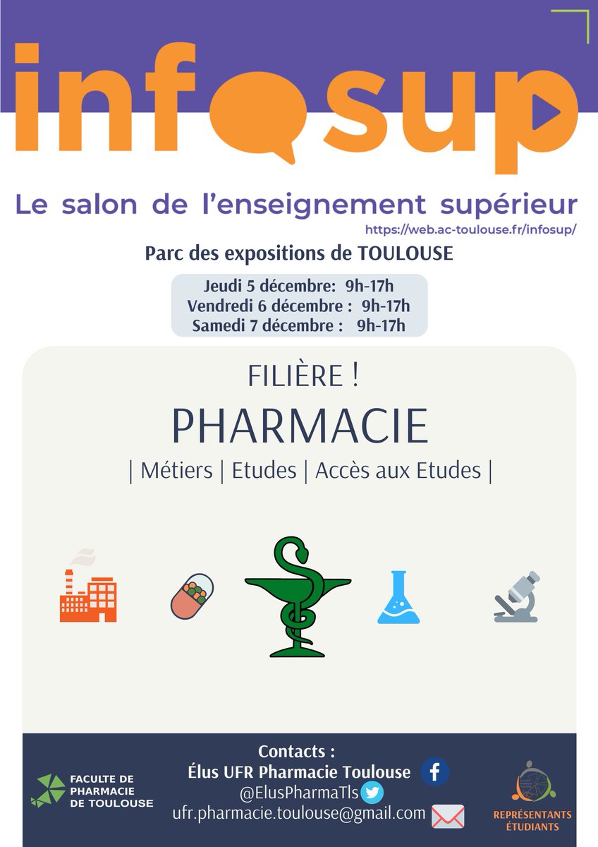 👩‍🎓 [INFOSUP 5-7 décembre] Etudiants et professeurs en pharmacie de Toulouse sont présents au salon d'orientation pour  parler des études et métiers de la filière pharmaceutique 💊💉