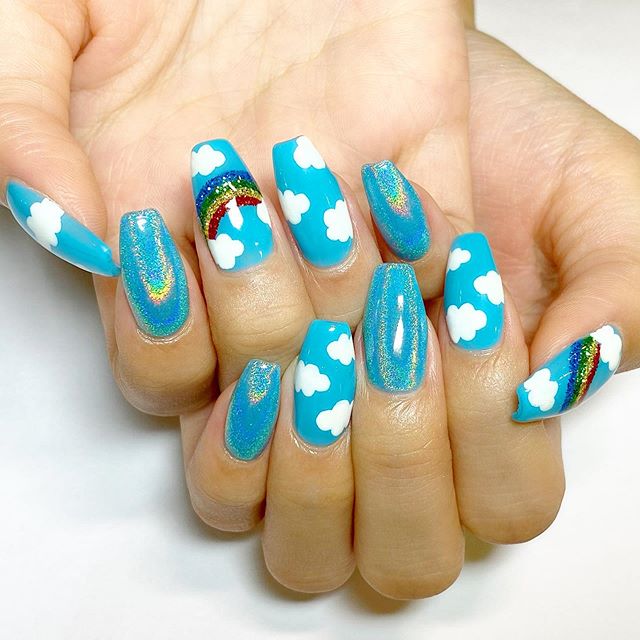 アンククロス ネイル 池袋店 Eggモデル まぁみ さんご来店 ハンドはお空ネイル めっちゃかわいー フットはハンドと同じベースカラーにユニコーン ブルーかわいい いつもありがとうございます ハンド すのうち フット 森田