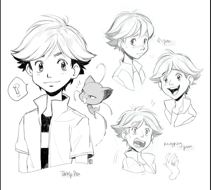 Some Adrien and Plagg sketches from tonight's Twitch stream. Testing out the manga pen options! ?✨ 