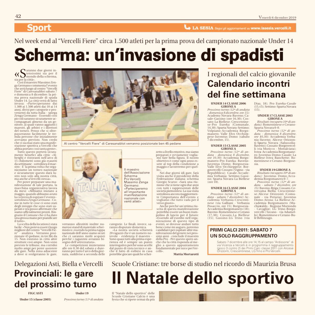 ProScherma's tweet photo. 📰 - Scrivono di noi 🗞 
Da domani al via la 1ª Prova Nazionale U14 - Gran Prix Kinder Joy of Moving. 
🎄NATALE CON I TUOI, SCHERMA CON NOI!🤺

@federscherma @kinderjoyofmovingit
#scherma #fencing #kinderjoyofmoving #spada #ProVercelli #ForzaPRO #peoplefromrisaia #rassegnastampa https://t.co/AA9WmWTwSG
