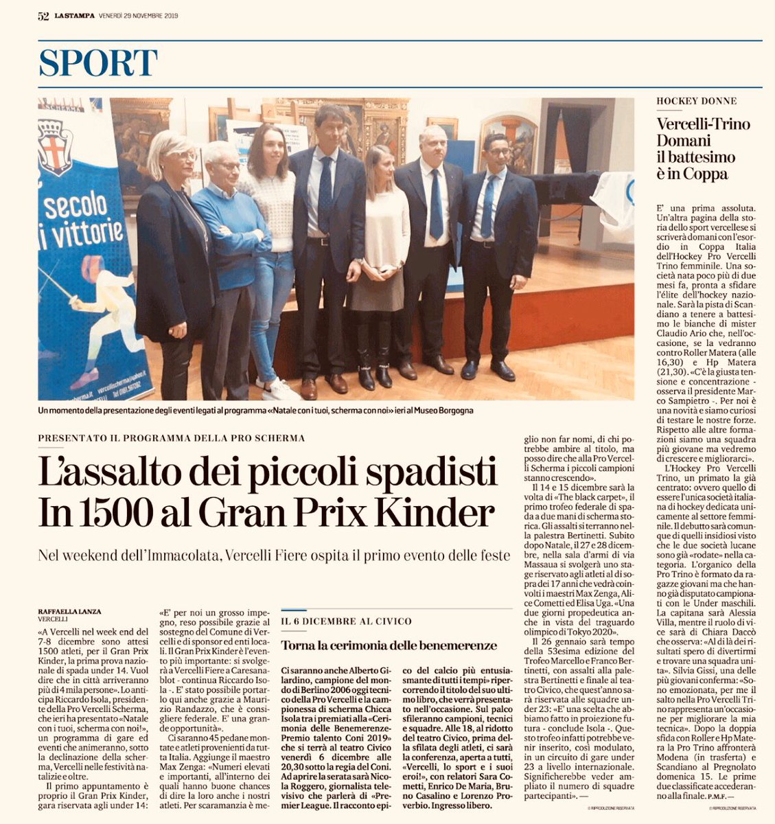 ProScherma's tweet photo. 📰 - Scrivono di noi 🗞 
Da domani al via la 1ª Prova Nazionale U14 - Gran Prix Kinder Joy of Moving. 
🎄NATALE CON I TUOI, SCHERMA CON NOI!🤺

@federscherma @kinderjoyofmovingit
#scherma #fencing #kinderjoyofmoving #spada #ProVercelli #ForzaPRO #peoplefromrisaia #rassegnastampa https://t.co/AA9WmWTwSG