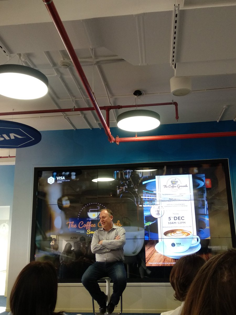 Jiiimy's tweet photo. "The reason why God created the world in 6 days was because there was no legacy infrastructure" - coffee session chats &amp; jokes with Mark Jamison, Visa's Global Head of Innovation &amp; Design https://t.co/kinQFucryL