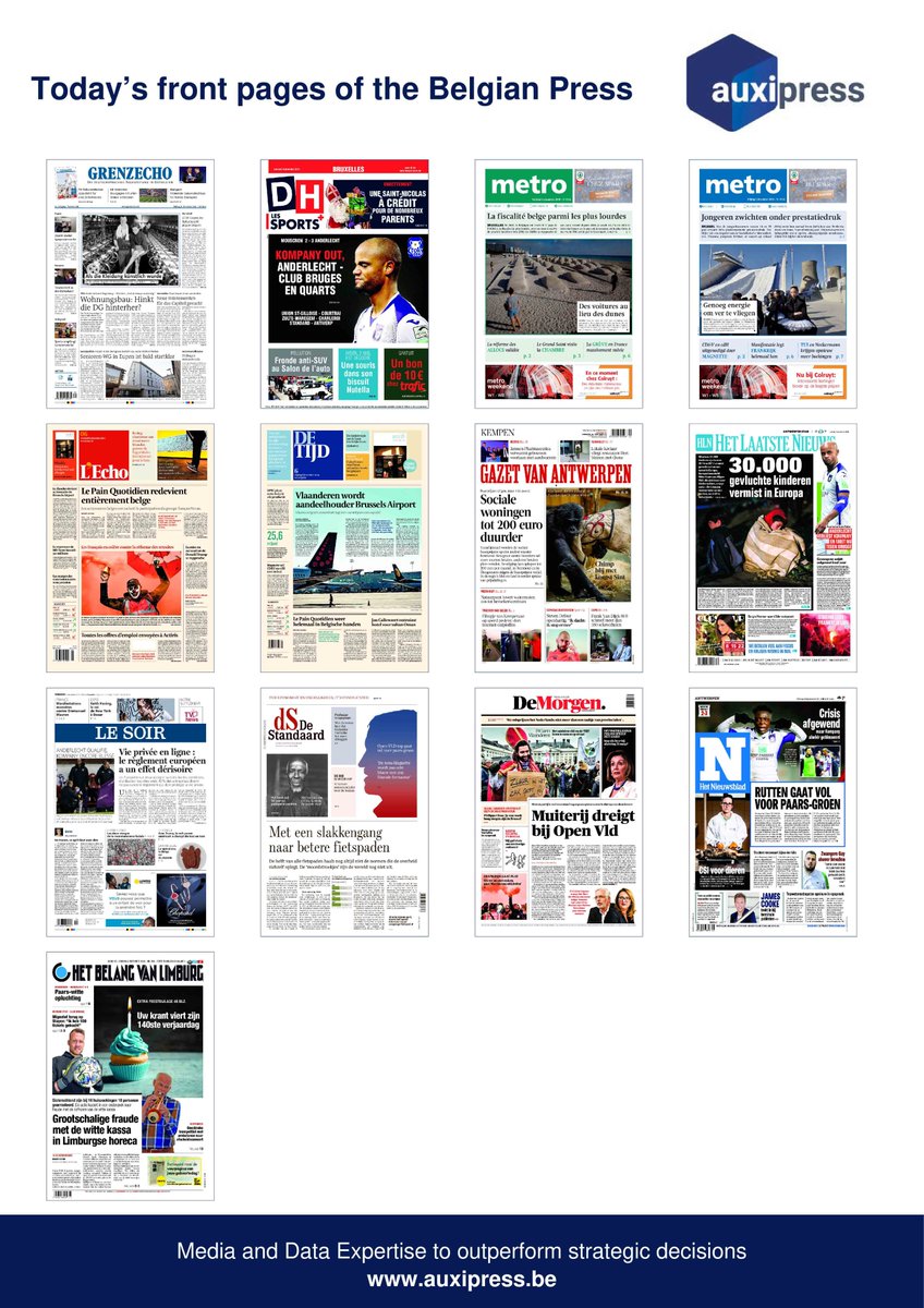 #Newsoftheday - Discover today's front pages of the #BelgianPress 🧐📰💡!
#SaintNicolas #Sinterklaas  #Kompany #Anderlecht #Bruges #SUV #Bruxelles #Grève #Magnette #brusselsairport #MOEAND #TUI #Frankrijk #allocs #Wealth