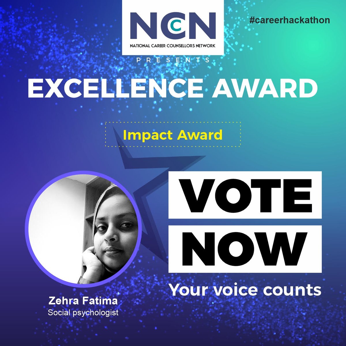 NCCN_CH's tweet photo. ZEHRA FATIMA - Social Psychologist
****NCCN PRESENTS EXCELLENCE AWARD****
**IMPACT AWARD**

YOUR VOTES COUNT!!!!Follow these steps:
#1 Follow @CHackathon19 on Twitter
#2 Like the picture to give your VOTE

Take your favorite closer to AWARD!!! VOTE NOW

#Careerhackathon https://t.co/sGATojiy5w