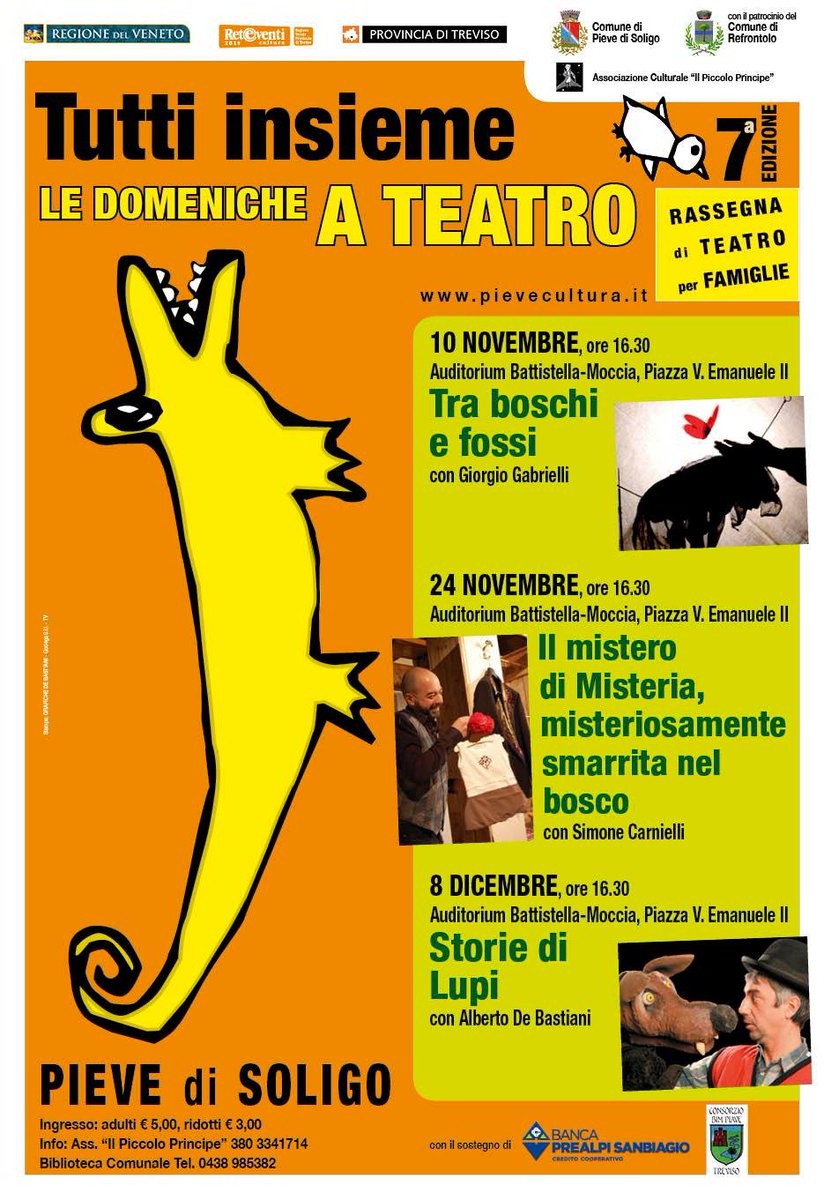 A Pieve di Soligo #Teatro per l'infanzia "Tutti insieme. Le domeniche a teatro" #domenica 8/12: "Storie di lupi" con Alberto De Bastiani 
📍 Auditorium Battistella-Moccia, P.zza V. Emanuele II, 9, Pieve di Soligo, ore 16.30
➡️ bit.ly/34VcXSb