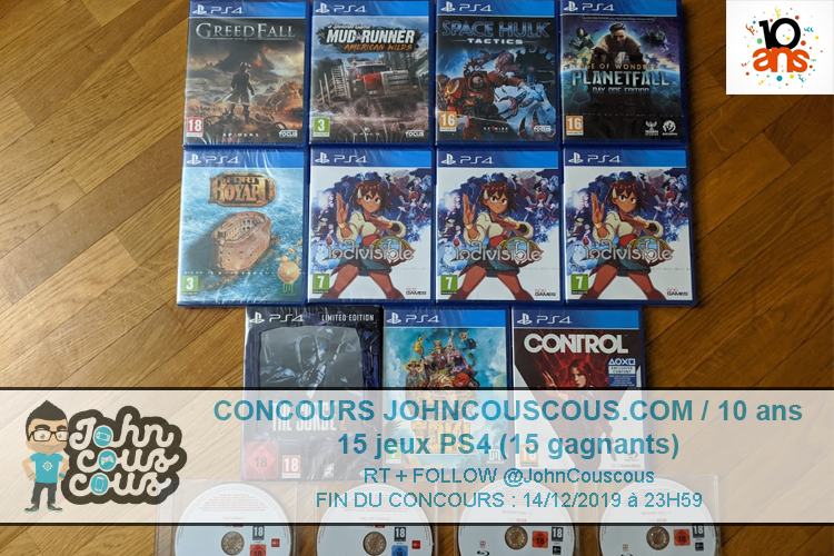 9ème #concours des 10 ans : 15 jeux PS4 à gagner (offerts par @FocusHome, <a href="/DONTNOD_Ent/">DON'T NOD</a>, <a href="/capcom_france/">Capcom France</a>, <a href="/Microids_off/">Microids</a> et <a href="/505GamesFR/">505 Games France</a>)

🎁15 jeux PS4 (voir photo)
👉RT + Follow <a href="/JohnCouscous/">John Couscous 💚</a>
👍15 gagnants
⏱️Fin du concours le 14/12
🌍Plus d'infos : bit.ly/2OGvY3V