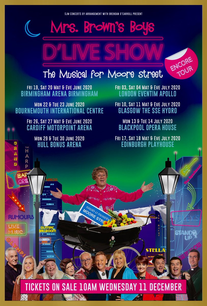 So excited to announce Our new tour dates for 2020, Mrs. Brown's Boys D'Live Tour, Mrs Brown fans can get exclusive access to presale tickets from 10am Tuesday 10th Dec via this link gigst.rs/MrsBpre General sale Wednesday 11th.