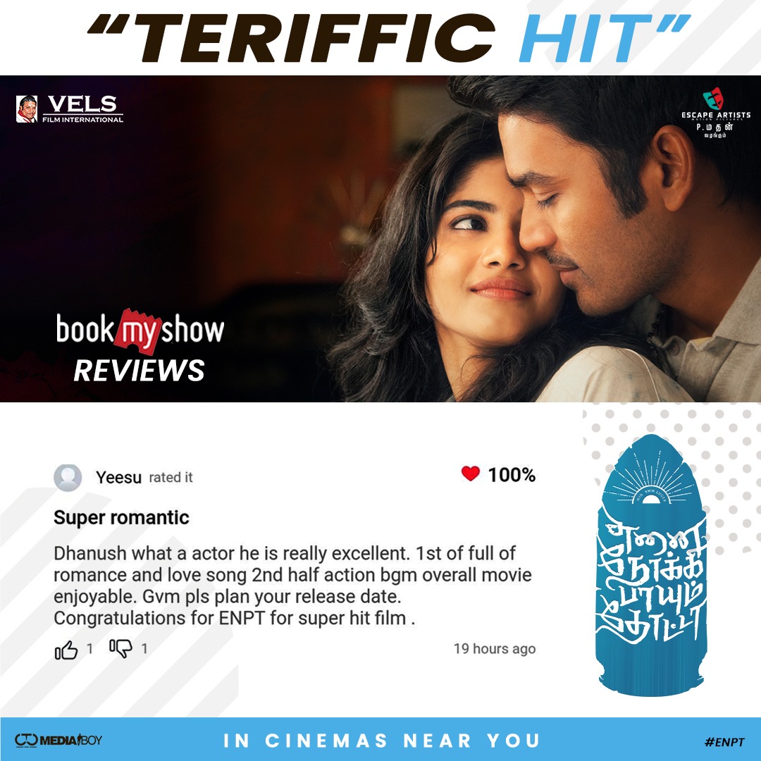 kollywoodtimes's tweet photo. ENPT receives positive reviews from public and successfully entering into 2nd week 

#ENPTSuccessful2ndWeek

@dhanushkraja @menongautham @akash_megha @DarbukaSiva @SasikumarDir @Madan2791 @itssensen @VelsFilmIntl @donechannel1 @CtcMediaBoy https://t.co/MVL16wlJqj