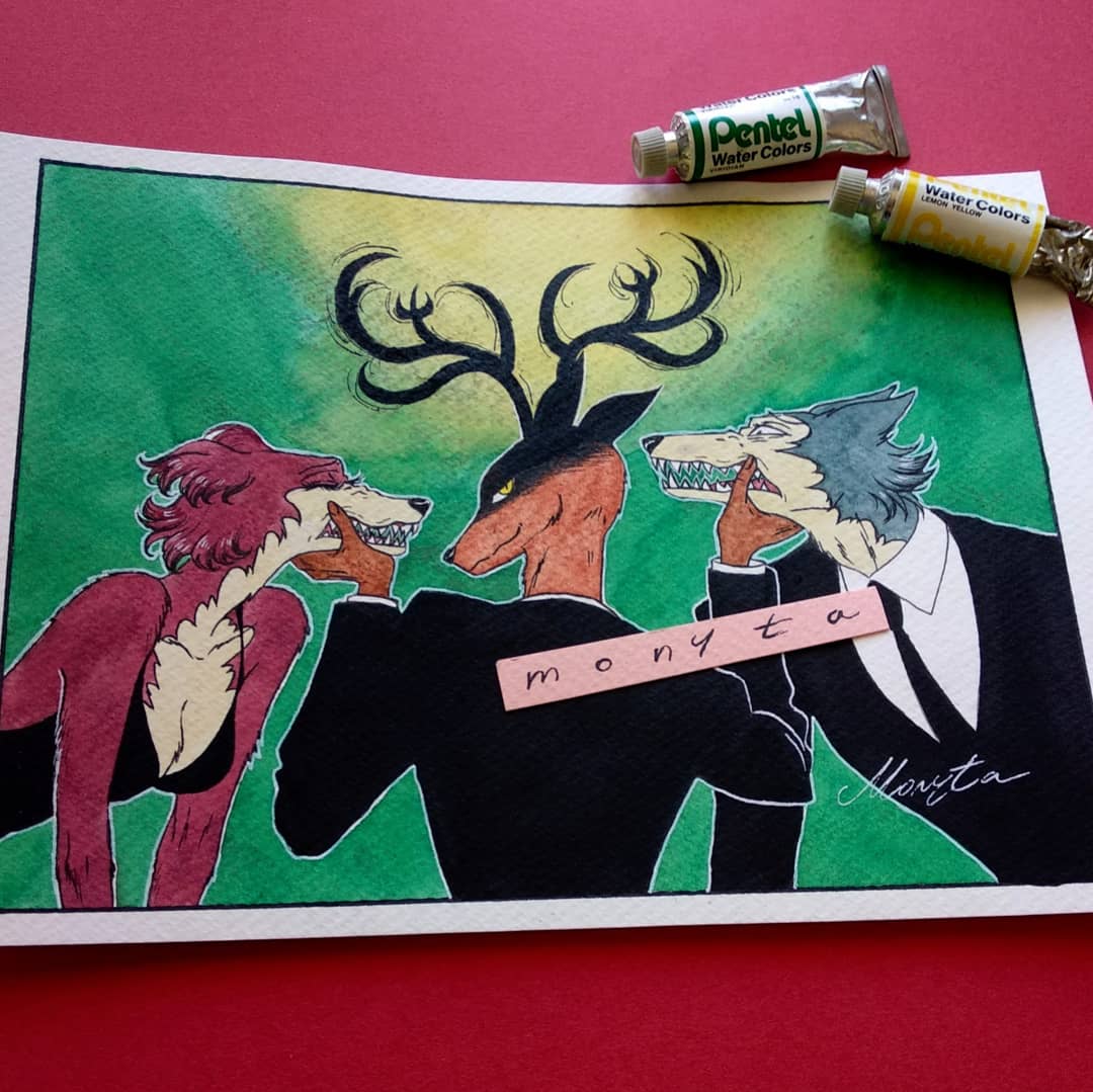 Monyta_art28's tweet photo. Louis and his wolves 🐺🦌🐺 it wasn't my intention for him to look a bit evil...😅
#watercolour #beastars #yuno #louis #legosi #monyta https://t.co/wqvIhpIKMN
