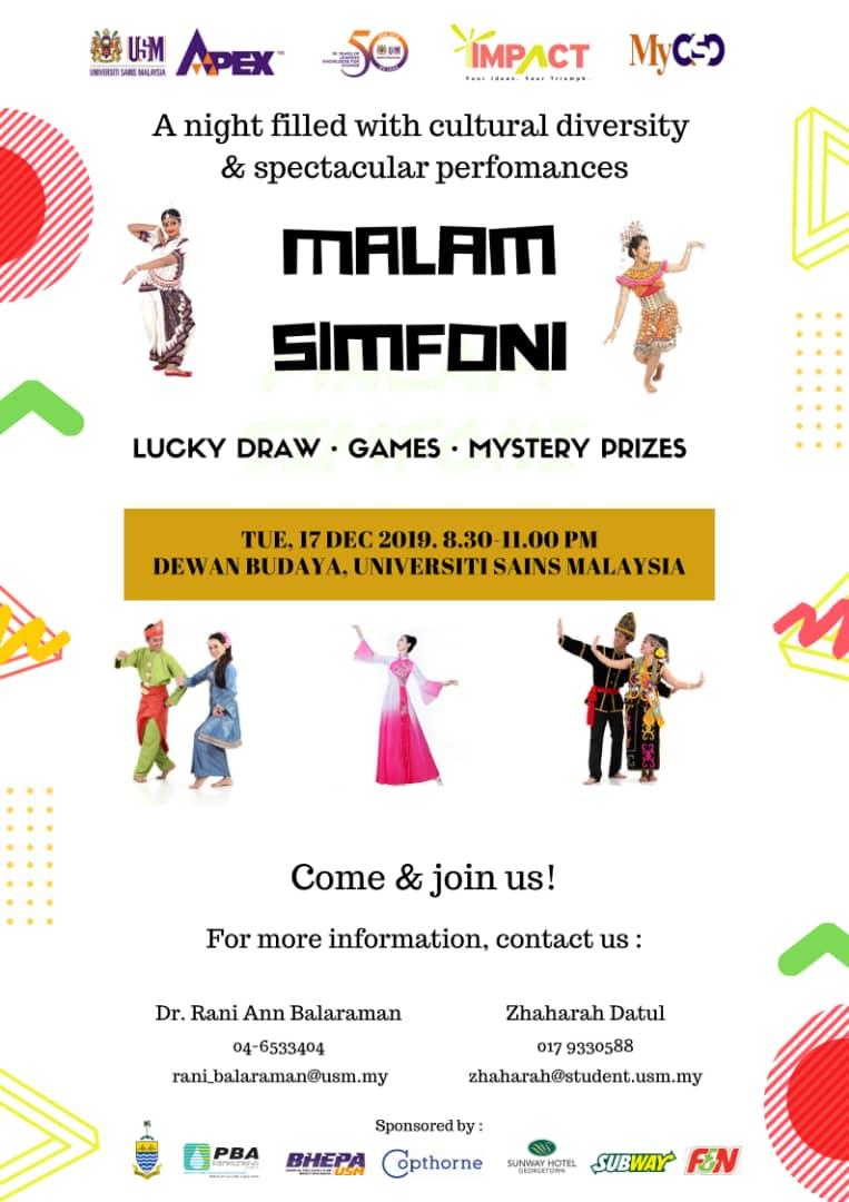 impactusm2019's tweet photo. Ladies and gentlemen, we are here again for a memorable night filled with cultural diversity and spectacular performances!

Join us for a magnificent night at 'MALAM SIMFONI' &amp; get a chance to win amazing prizes through our lucky draw &amp; games. Mysterious prizes also await for you https://t.co/Y9qtBZQmw2