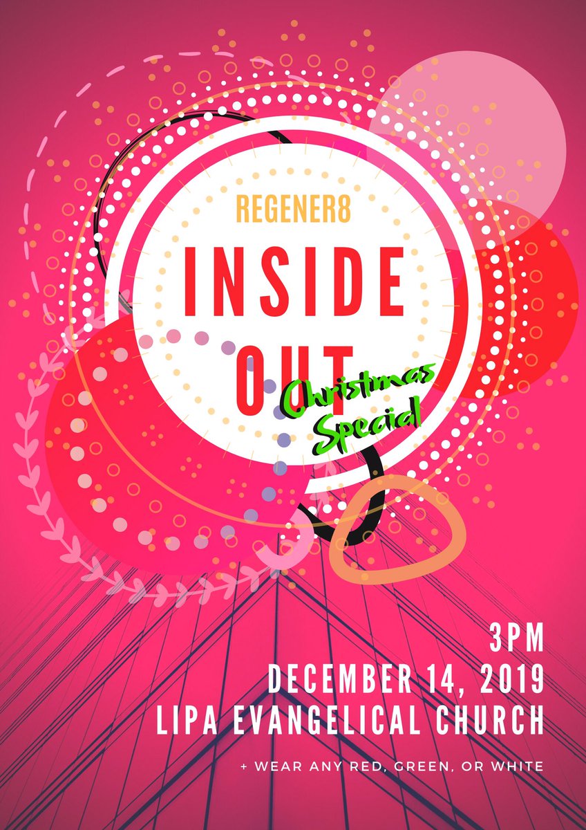 regener8_lec's tweet photo. You are invited to attend our Regener8 Christmas Special! π
December 14 | Saturday | 3PM
Lipa Evangelical Church
Wear any red, green or white.
#UCCPLIPA #CYFLIPA #R8ters #R82019ChristmasSpecial #R82k19Carnival #R8InsideOut
See you! β€οΈ https://t.co/xKtmpYJPzF